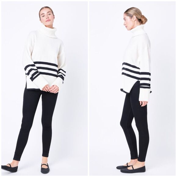 Free The Roses Striped Pullover Turtle Neck Sweater Size Medium Ivory Black - Picture 1 of 9